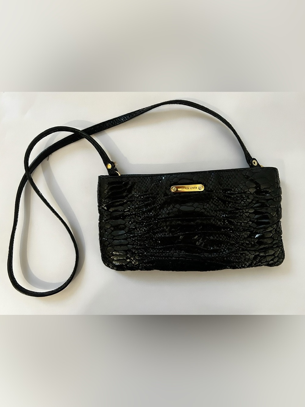 Michael Kors Black Patent Croc-Embossed Wristlet Clutch with Gold Plate